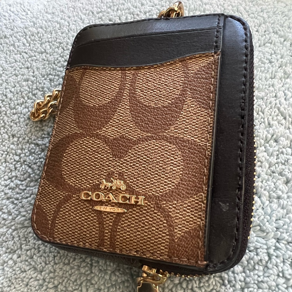 Coach Zip ID Card Case Coin Mini Leather Wallet Chain Brown Signature
